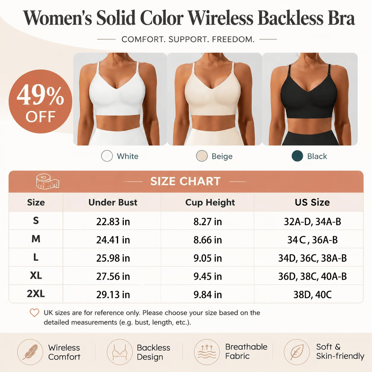 Women's Solid Color Wireless Backless Bra